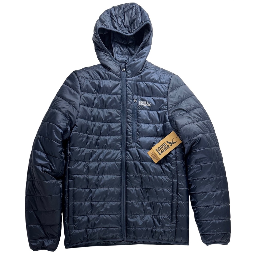 Eddie Bauer Baywood Hooded Jacket Mens Medium Blue Puffer hiking outdoor NWT - Picture 1 of 16